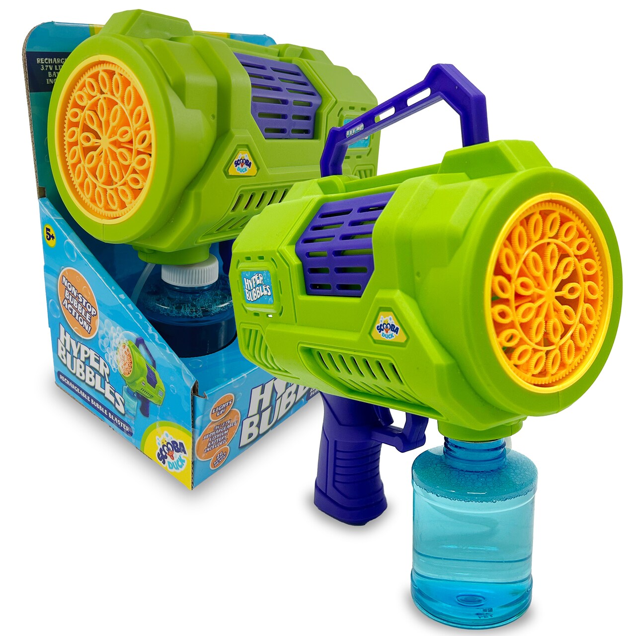 Scooba Duck: Hyper Bubbles Blaster - Green & Blue, Electric Hand-Held Blower, Solution Bottle, USB Charging Toy, Non-Stop Action Outdoor Play, Kids 5+